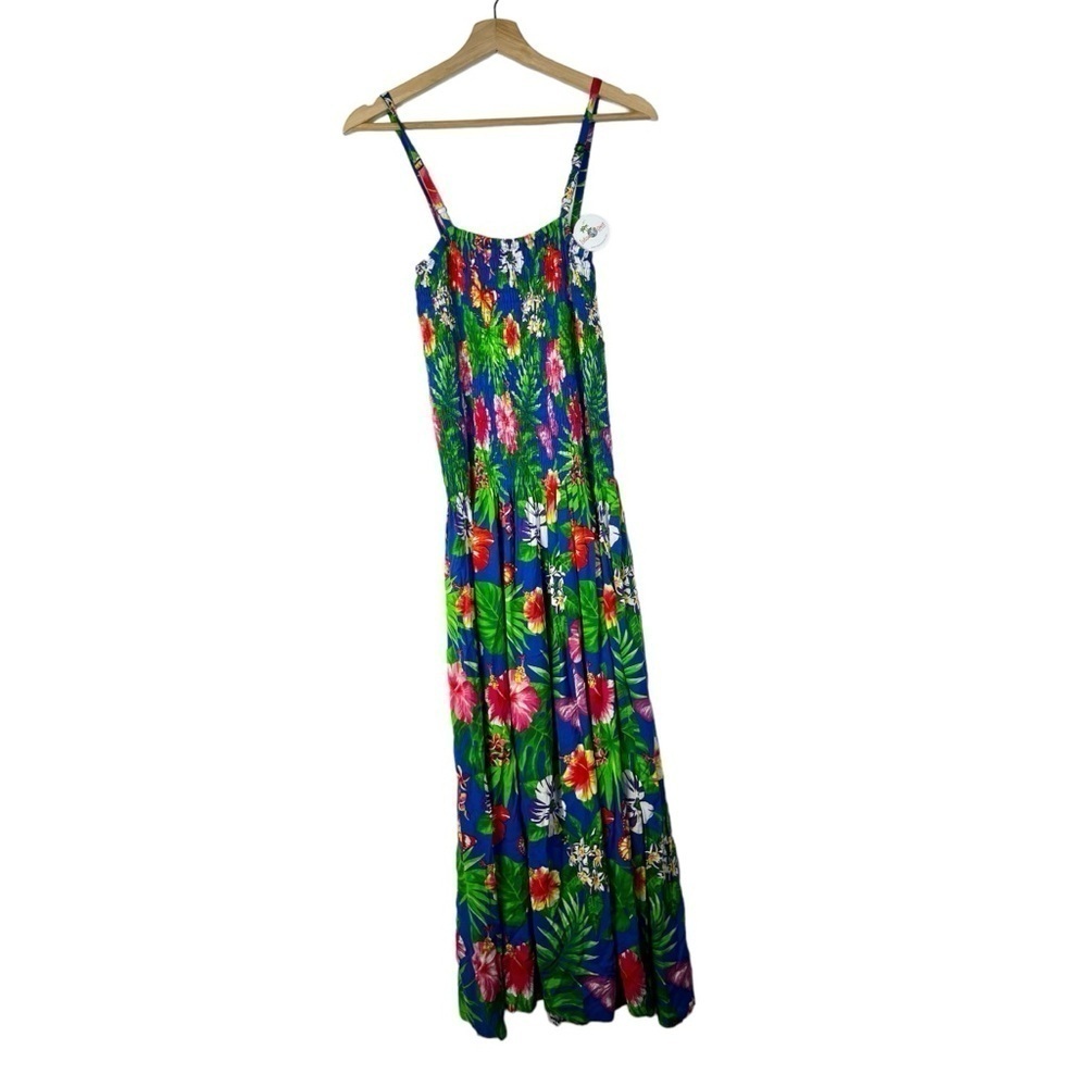 Boutique Island Planet Royal Blue Tropical Floral Smocked Maxi Dress S